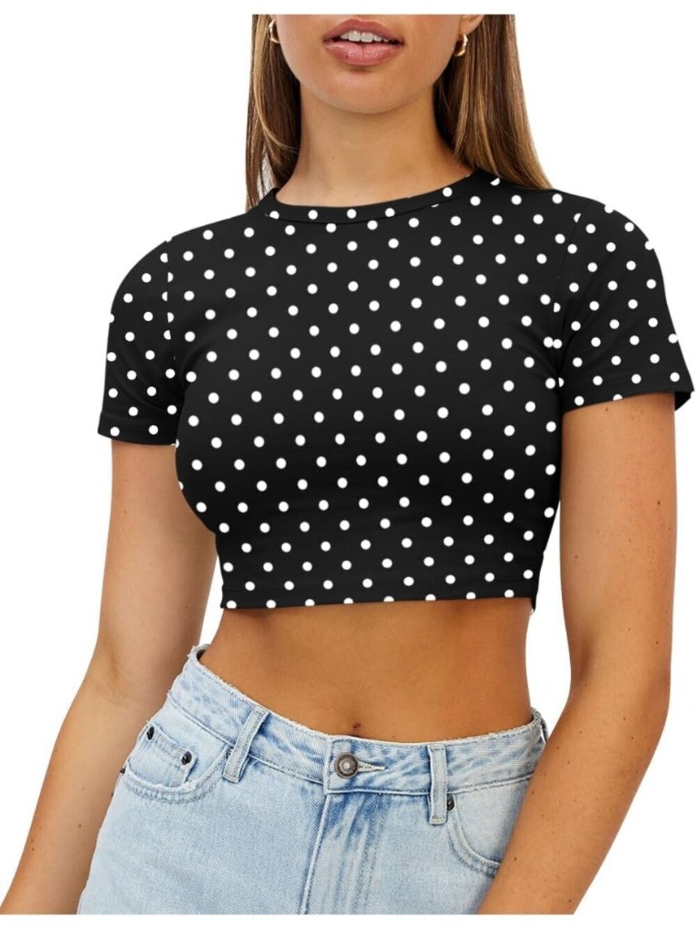 Women's Black Polka Dot Crew Neck Basic Slim Fit Trendy Short Sleeve Crop Tops